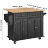 A black kitchen island cart with a wooden top, shown with dimensions indicated by measurement lines and text. Produktbild-Vorschau