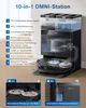 A robotic vacuum cleaner station with various features highlighted by text and smaller inset images. Produktbild-Vorschau