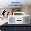A white boombox is shown in the foreground, with a father and daughter dancing in the background. The image also features text and icons related to audio features. Produktbild-Vorschau