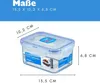 A clear plastic food container with dimensions indicated by text and lines. Voir les images du produit