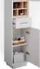 A tall, narrow white cabinet with its door open, revealing shelves and a drawer containing toiletries and bathroom products. Anteprima dell’immagine prodotto