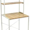 A close-up view of a white and wood-colored shelving unit, likely a bathroom or kitchen organizer. Podgląd zdjęcia produktu