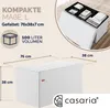 A white storage ottoman with dimensions and volume indicated, and a close-up of the ottoman's interior showing storage compartments. The Casaria logo is present. Produktbild-Vorschau