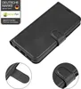 A black flip case for a smartphone is shown from a slightly elevated angle, with close-up insets highlighting the closure mechanism and interior. Produktbild-Vorschau