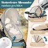 A baby in a stroller is shown with a mosquito net, and various accessories like rain cover, footmuff, and sunshade are highlighted with text labels. Produktbild-Vorschau