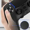 A hand is holding a black game controller with a blue light strip. A close-up inset shows the texture of the controller grip. Produktbild-Vorschau