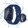 A smartwatch with a blue strap is shown against a white background with water splashes.