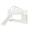 A white bunk bed with a slide and stairs against a white background. Náhled obrázku produktu