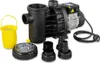 A black pool pump with accessories on a white background. Produktbild-Vorschau