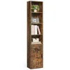 A tall, narrow bookshelf with a rustic wood finish, standing against a white background. Produktbild-Vorschau