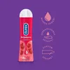 A bottle of Durex Strawberry lubricant is shown against a purple background, with marketing icons on the right. Produktbild-Vorschau