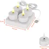 A set of four LED tea lights on a charging base, with one tea light shown separately with dimensions. Voir les images du produit