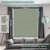 A roller blind is shown extended in a room with curtains and a sofa below. Dimensions are indicated with text and arrows. Anteprima dell’immagine prodotto