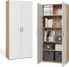 A tall, narrow cabinet with two doors is shown, with one door open to reveal shelves filled with office supplies. The cabinet has a white front and a wood-grain finish on the sides and interior shelves. The other half of the image shows the cabinet closed. Voir les images du produit