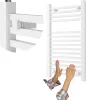 A white towel radiator is shown next to a white wall-mounted towel warmer. Two hands are reaching towards the towel radiator. Náhľad obrázku produktu
