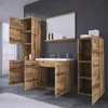 A modern bathroom vanity set with a sink, mirror, and storage cabinets, all in a wood finish. Anteprima dell’immagine prodotto