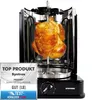 A rotisserie grill with a cooked chicken on the spit, and a product review badge in the lower left corner. Náhled obrázku produktu
