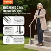 A woman is leaning on an outdoor handrail installed on stairs, with marketing text and diagrams highlighting product features. Produktbild-Vorschau