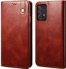 A brown leather flip wallet phone case is shown from two angles. Produktbild-Vorschau