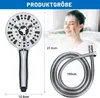 A shower head and hose are displayed next to a woman in a bathtub. Produktbild-Vorschau