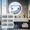 A modern bathroom vanity with a round LED mirror, featuring various feature icons overlaid on the image. Anteprima dell’immagine prodotto