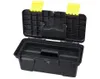 An open black toolbox with yellow latches against a white background. Produktbild-Vorschau