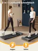 Two women are using compact treadmills in a room, one jogging and one walking. There are icons and text at the bottom indicating 'Joggen' (Jogging) and 'Gehen' (Walking). Produktbild-Vorschau