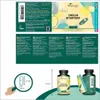 A collage of product packaging, a size diagram, and product bottles. Produktbild-Vorschau
