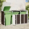 A trash bin enclosure with three compartments, two of which are open, revealing green trash bins inside. The enclosure has a dark brown exterior and white doors on the front. Náhled obrázku produktu