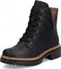 A black leather boot with laces and a side zipper with a leopard print accent. Voir les images du produit