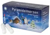 Auf dem Bild ist eine Schachtel mit der Aufschrift Pyramidenkerzen zu sehen die weisse Kerzen enthält und mit winterlichen Motiven wie einem verschneiten Haus einem verschneiten Baum und einem Mond verziert ist Produktbild-Vorschau