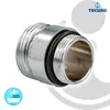 A close-up product shot of a metal adapter with threaded ends and a black rubber seal, set against a white and light gray background with brand logos and text overlays. Produktbild-Vorschau