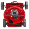 The underside of a red lawnmower is shown against a white background. Produktbild-Vorschau