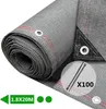 A rolled-up grey shade net with grommets and a reinforced corner. Includes a graphic showing zip ties and text indicating quantity and dimensions. Produktbild-Vorschau