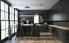 A modern, dark kitchen with a large island and bar stools, illuminated by natural light from large windows. Anteprima dell’immagine prodotto