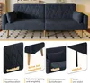 A dark gray two-seater sofa with diamond-patterned upholstery and wooden legs, shown in a room setting and with close-up feature callouts. Voir les images du produit