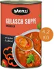 A can of Menzi Gulasch Suppe with a spoon scooping some out, and some decorative elements like peppers and a tomato. Produktbild-Vorschau