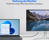 A laptop connected to a large monitor, displaying a landscape image. The text suggests using the monitor for home office. Produktbild-Vorschau