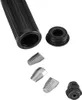 A black ribbed handle, a black rubber cap, and three metal adapters are arranged on a white background. Produktbild-Vorschau