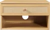 A close-up front view of a wooden wall shelf with a cane-fronted drawer and an open compartment below. Podgląd zdjęcia produktu