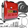 A red and gray pipe cleaning machine with various attachments and coiled pipes displayed against a white background. Produktbild-Vorschau