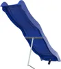 A blue plastic slide with a silver metal support leg, shown from underneath against a white background. Voir les images du produit
