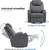 A gray fabric recliner chair is shown in two different positions, with text and diagrams illustrating its features. Náhled obrázku produktu