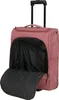 A pink rolling suitcase with its main compartment open. Voir les images du produit