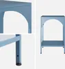 A collage of images showing a blue industrial-style side table from different angles, including a close-up of the leg and adjustable foot. Produktbild-Vorschau