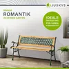 A garden bench is displayed on a wooden deck with plants in the background, accompanied by marketing text. Podgląd zdjęcia produktu