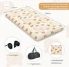 Collage showing a foldable mat/mattress with its accessories and dimensions. Produktbild-Vorschau