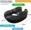 A black ergonomic cushion designed for pressure relief and ventilation, with annotations highlighting its features and dimensions. Produktbild-Vorschau