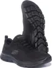 A pair of black SKECHERS Flex Appeal 4.0 Brilliant View shoes are shown against a white background. One shoe is upright, showing the sole, while the other is in the foreground, displaying the side profile. Voir les images du produit