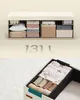 A storage bench with multiple compartments holding folded clothes and boxes, and a close-up view of a storage bin with rolled-up socks and a folded shirt. Náhled obrázku produktu